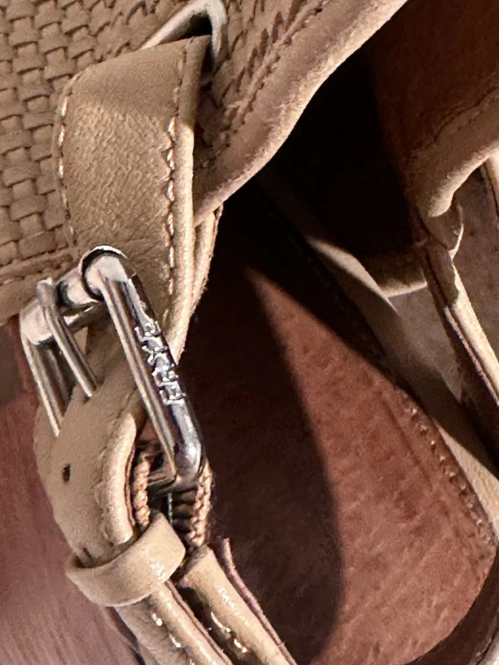 Frye Dani Woven Shield Leather Block Heel Peep Toe Sandals - Tan/Cream/Beige 8.5